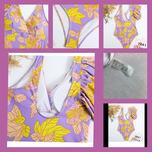 Purple and yellow fluffy sleeves one piece swimsuit. 1 - Picture 4 of 6